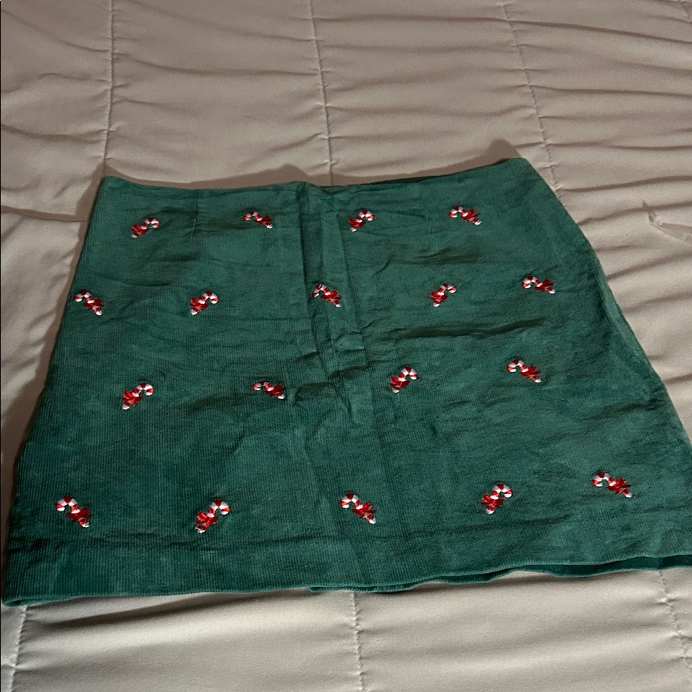 Castaway Emerald Corduroy Mini Skirt with Candy Cane Embroidery